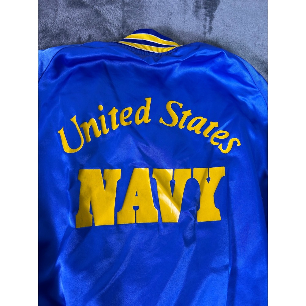 Vintage US Navy Satin Bomber Jacket Mens Blue Yellow King Louie Pro Fit - Picture 10 of 11